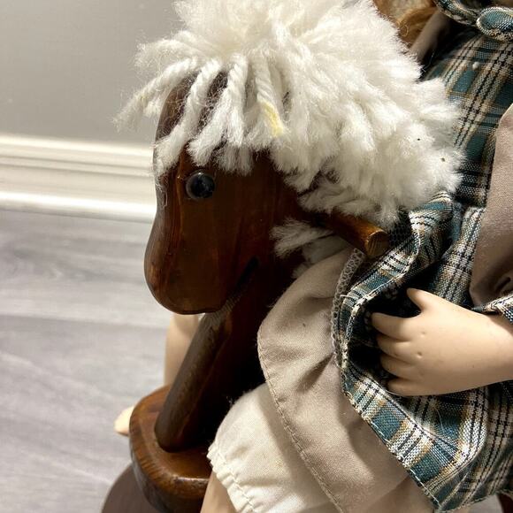 Vintage Porcelain Doll on A Wooden Horse Rocker - Picture 7 of 10